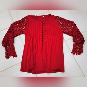 Elegant Red Lace Sleeve Women's Top Sz XL
